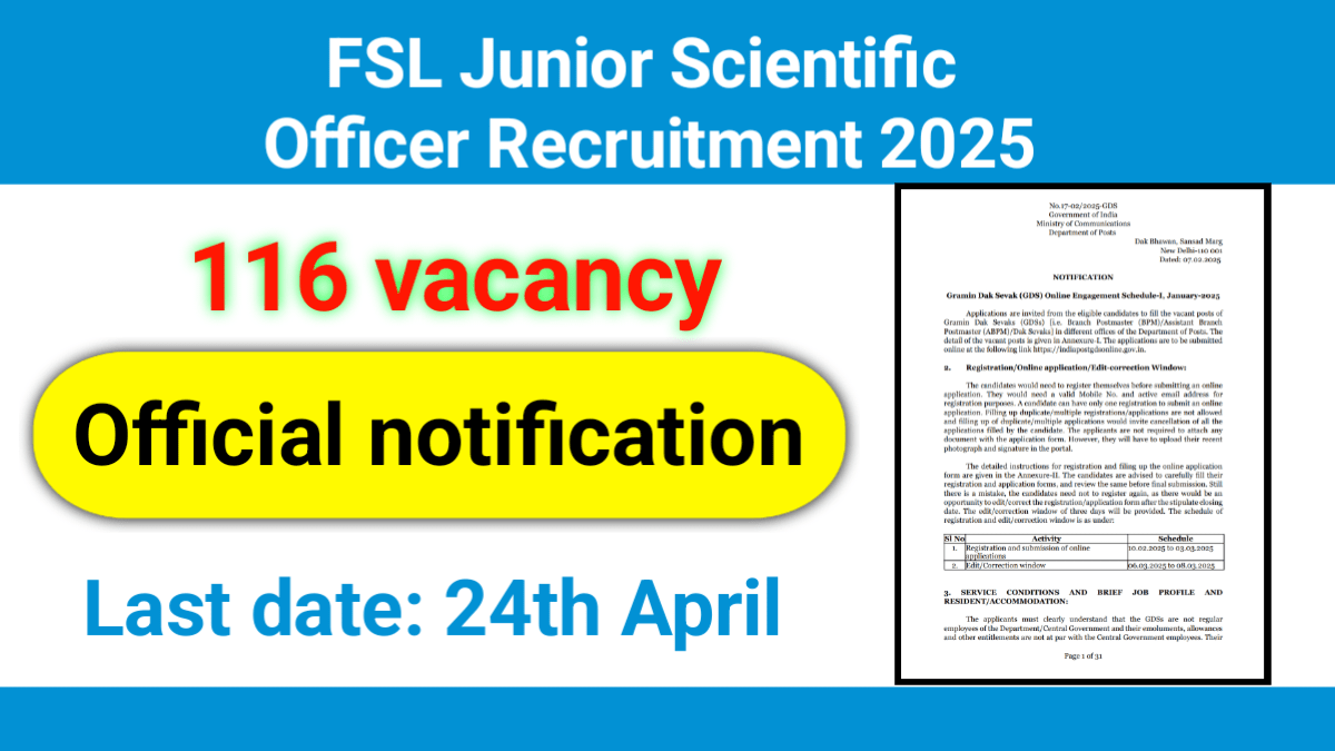 FSL Junior Scientific Officer Recruitment 2025